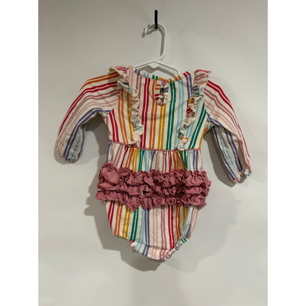 RuffleButts Rainbow Stripe Ruffle Bubble Romper Long Sleeve 6-12M
